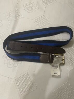 Brooks Brothers Blue Striped Webbing Belt with Brown Leather